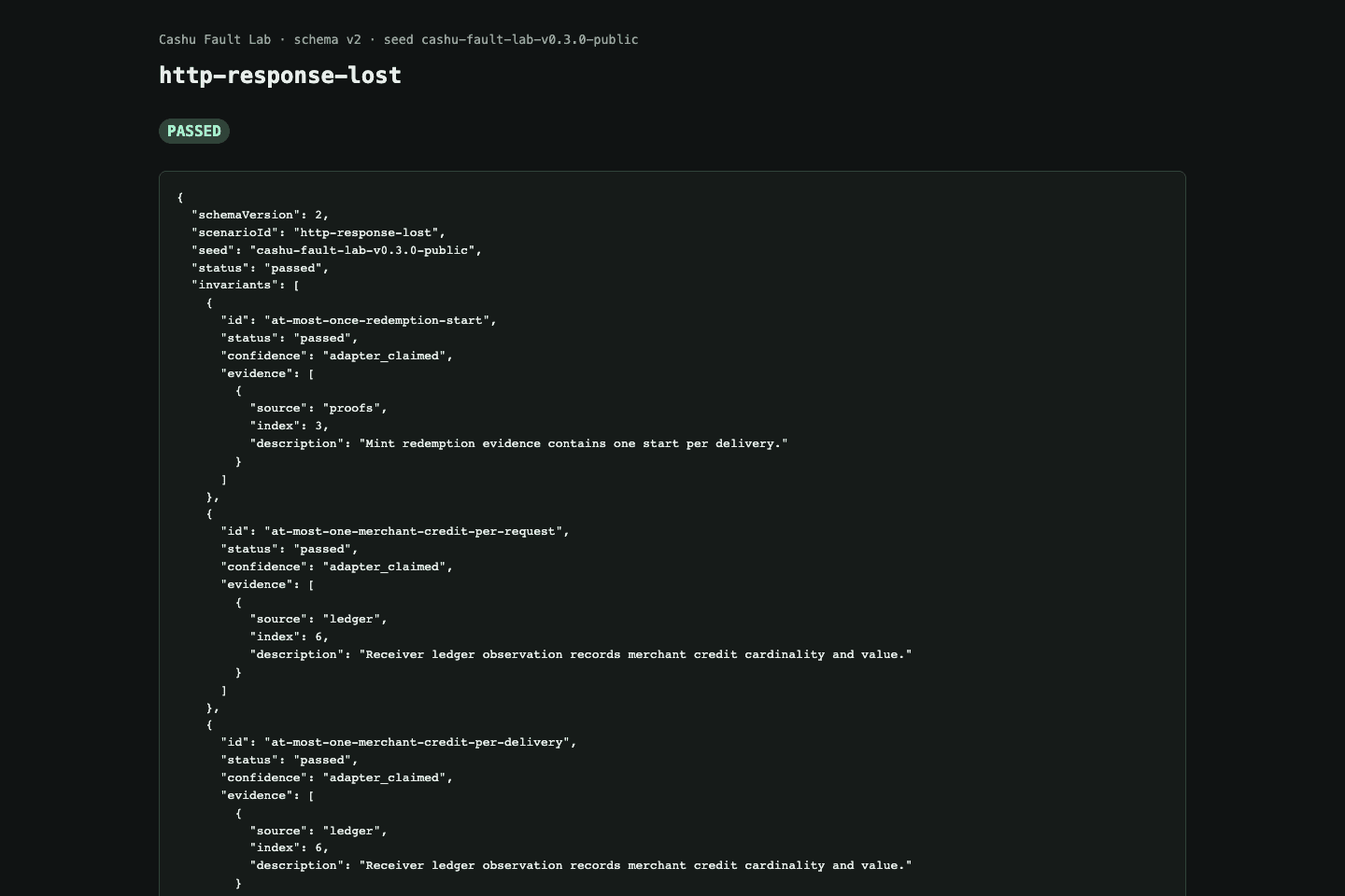 v0.3.0 generated evidence report showing the passed response-loss scenario