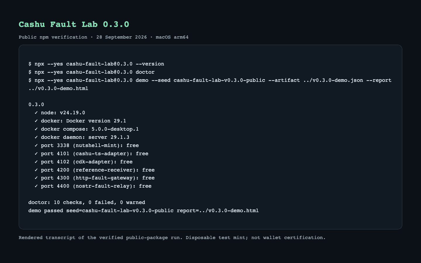 v0.3.0 terminal showing the public doctor and demo passing